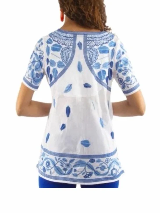 Gretchen Scott Women’s Blue Floral Pattern Embroidered Tunic Short Sleeve SizeXL - Picture 3 of 9